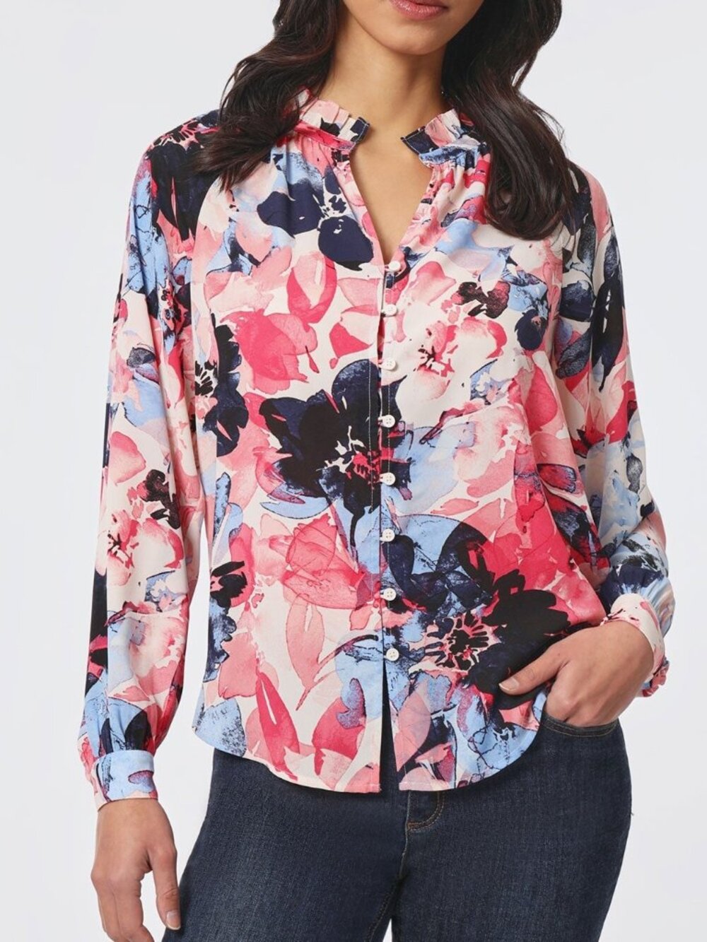 Jones New York Women's Size S Floral Long Sleeve Fresh Guava Multi Blouse NEW
